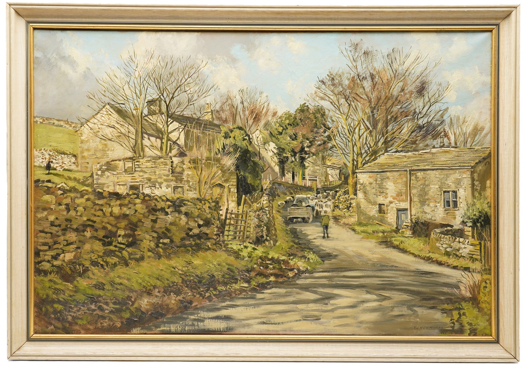 Thomas Leslie Kerkham (Yorkshire 1918-1986): Driving Sheep through a Dales Hamlet, oil on canvas signed 60cm x 90cm