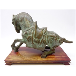  20th Century Chinese Tang Dynasty style bronze model of a Tang Horse, on hardwood base, L38cm x H26cm  