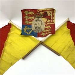 Thirty-seven various flags, pennants etc including Union flags, blue ensign, white ensign, Royal Standard, Scottish Rampant, Wales, Old Canada red ensign, Australia and New Zealand, France, Germany, South Africa (1928-94), semaphore and signal flags, 'God Save The King' banner, bunting flags etc