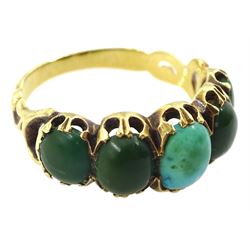 19th/early 20th century 15ct gold turquoise and green stone ring, with openwork scroll shoulders
