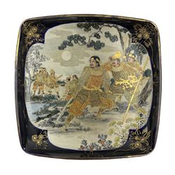 Early 20th century Satsuma square dish, decorated with samurai figures within a landscape, with character mark beneath, H21.5cm