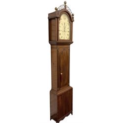 William Lister of Newcastle upon Tyne- Mahogany 8-day longcase clock c 1830, with a break-arch top, fretwork and three ball finials, conforming hood door beneath flanked by rectangular pilasters, long trunk with reeded columns and a long gothic arched door, on a rectangular plinth with a shaped base, painted dial with floral spandrels and flowers to the arch, Roman numerals, minute track and stamped brass hands, subsidiary seconds and date dials with matching brass hands, dial pinned directly to a rack striking movement, striking the hours on a bell. With pendulum, weights and key.  
William Lister is recorded as working in Grey Street, Newcastle on Tyne, 1815-40.