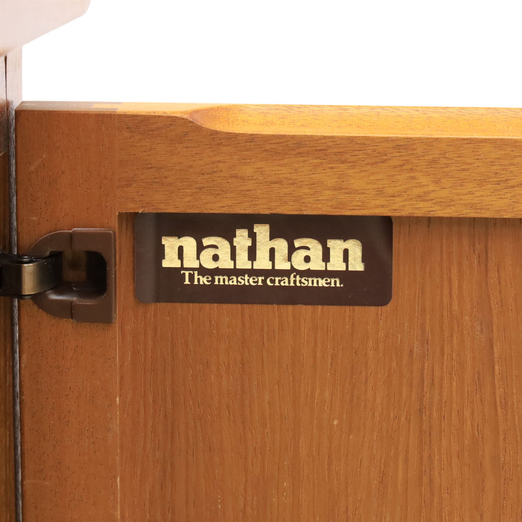 Nathan - 'Squares' pair of sideboards, rectangular top over four short drawers, above signature square panelled cabinet doors on a recessed plinth base