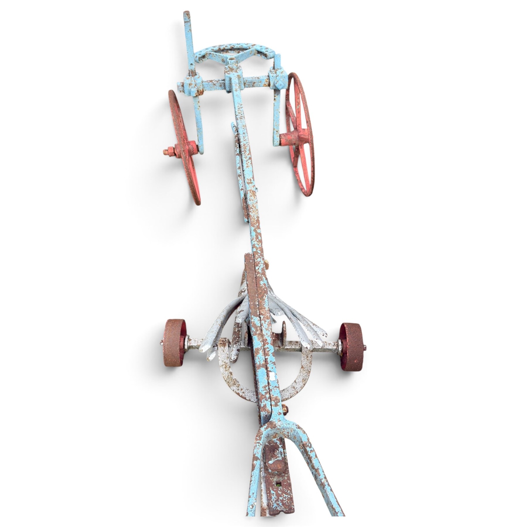 J. & F. Howard Ltd., Bedford - late 19th/early 20th century blue-painted cast iron horse-drawn potato ridger, with twin handles above a curved beam, adjustable ridging body and ploughshare, on red-painted five-spoke wheels, signed HOWARD BEDFORD