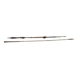 Tuareg tribe steel spear with inlaid brass work and a Northern Indian Naga barbed spear, l...