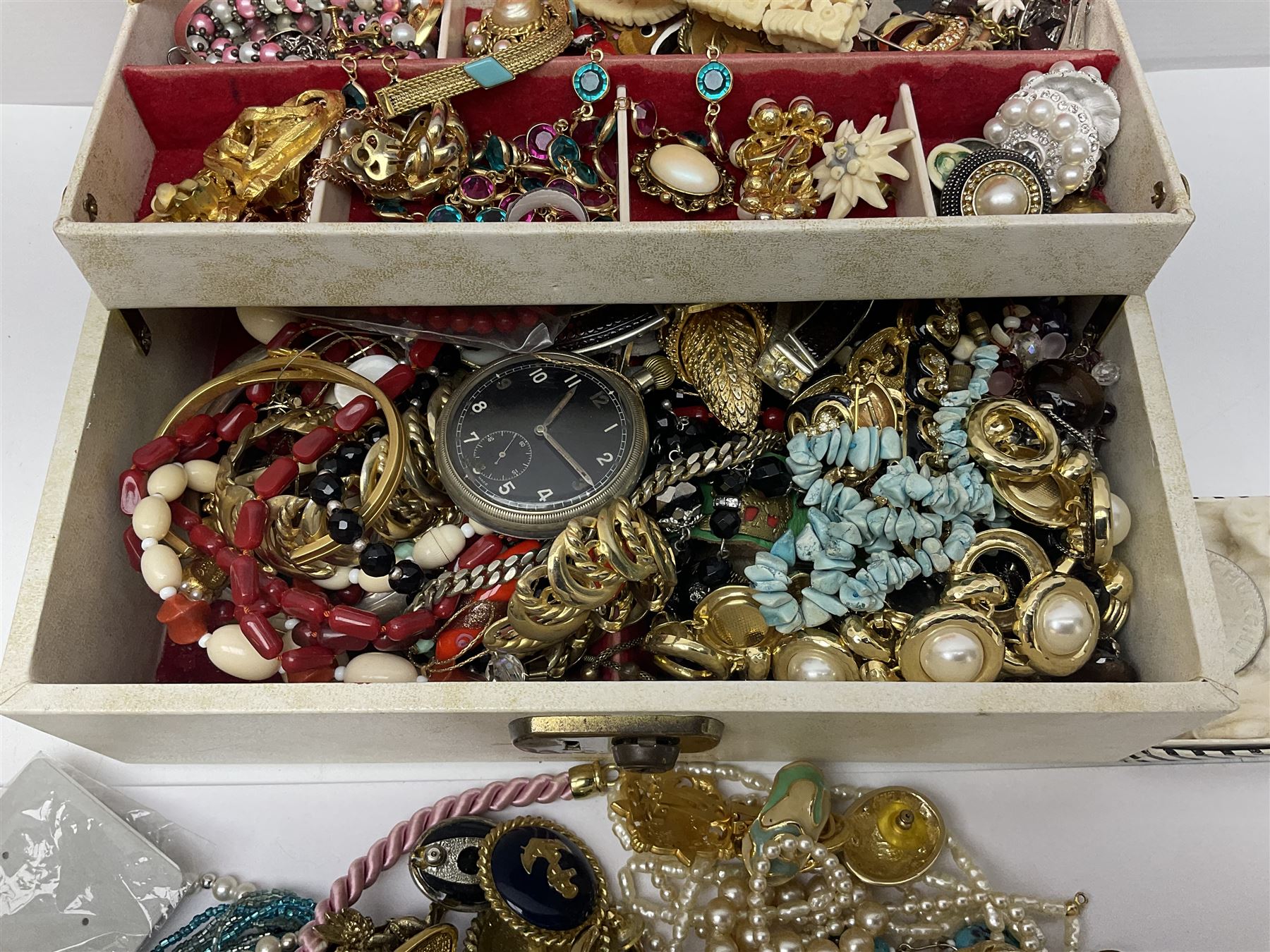 Norweigian silver enamel leaf brooch by David Andersen, together with a military issue pocket watch and a collection of costume jewellery including pair of clip on earrings by Butler & Wilson, beaded jewellery, brooches, etc