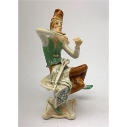 Three 20th century Karl Ens figurines, the first modelled as Uncle Fritz, the second modelled as Bock the Tailor, the third modelled as a sprightly female figure, each with printed blue mark to base, largest H20cm. 