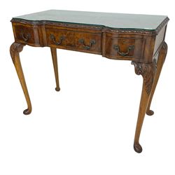 Early 20th century Queen Anne design walnut reverse break-front console side table, edge carved with acanthus decoration, fitted with three cock-beaded drawers, raised on cabriole supports with applied carved scrolling foliate decoration
