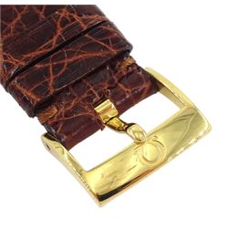 Omega De Ville gentleman's 18ct gold quartz presentation wristwatch, Ref. 73201412, champagne dial with date aperture, on original brown leather strap with gilt buckle, box with warranty card dated 2004