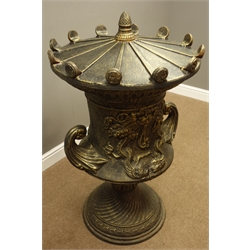  Large bronze finish cast iron lidded garden urn, decorated with foliage swags and dolphins, swirled circular base, H120cm, D72cm  