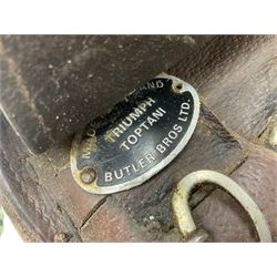 Collection of nine saddles, mainly havana leather to include a racing saddle and a Goodwin saddle, some with stirrups and leathers 