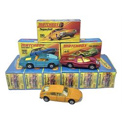 Matchbox 1-75 Series 'Superfast' ex-shop stock - unopened pack of six 22d Freeman Intercity Commuter models; and three others comprising 45c Ford Group 6, 56c BMC 1800 Pinafarina and 65d Saab Sonnet III; all boxed (9)