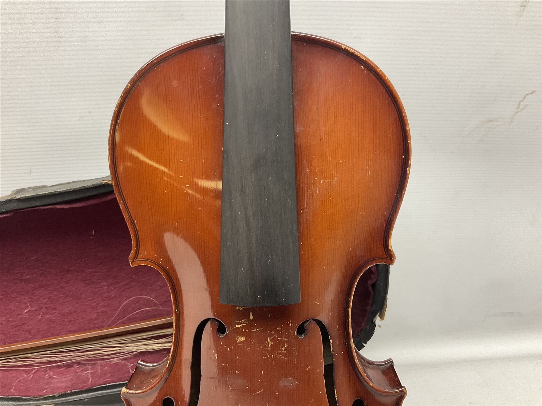 German trade violin 1950s with 36cm two-piece maple back and ribs and spruce top, bears label 'Johann Stainer in Absam prope Oenipontum 1650' L59cm; in carrying case with bow impressed Tourte