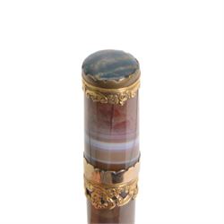 George III gold mounted agate bodkin case, of tapering cylindrical form with C scroll and foliate gold mounted, and inset bloodstone terminals to base and cover, L11cm

Provenance: From the collection of Andrew Chichester Everitt.