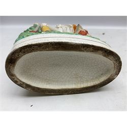 Group of Victorian and later Staffordshire style figures, to include two dogs, Prince upon horse back, horse with pink lustre patches, tall figure of a man beside his dog etc, tallest H41cm