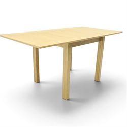 Contemporary light oak extending dining table, the square top with pull-out and fold-over action, raised on square supports