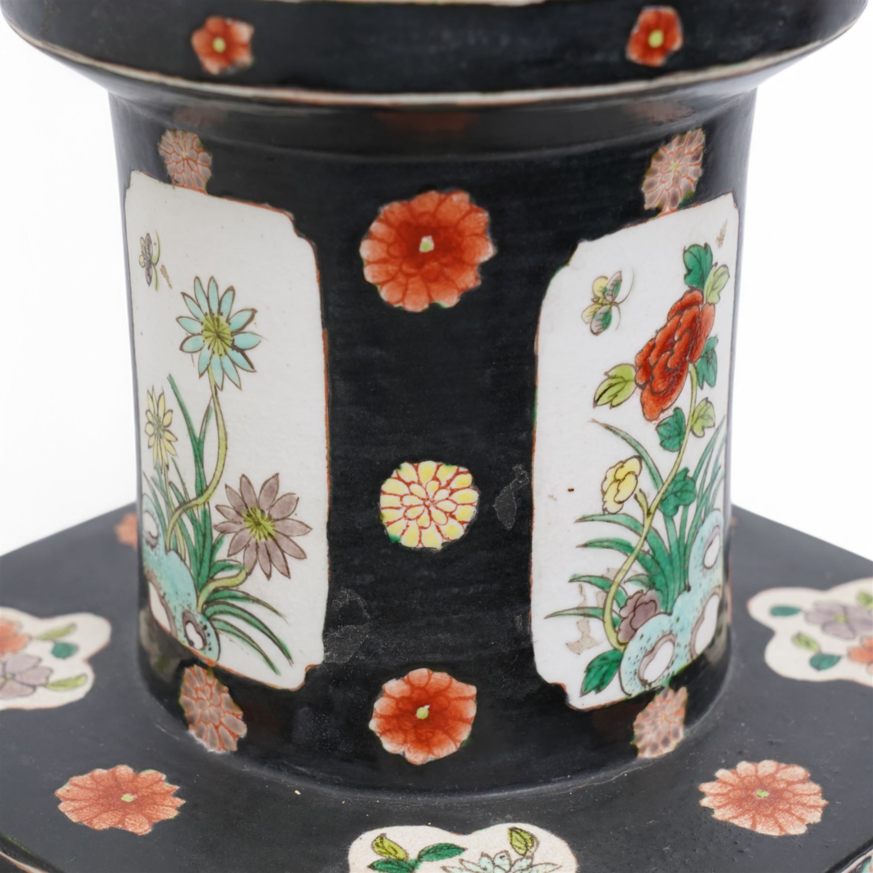 Chinese square section vase with canted corners decorated with panels of figures and landscapes on a black ground circa 1900 H51cm
