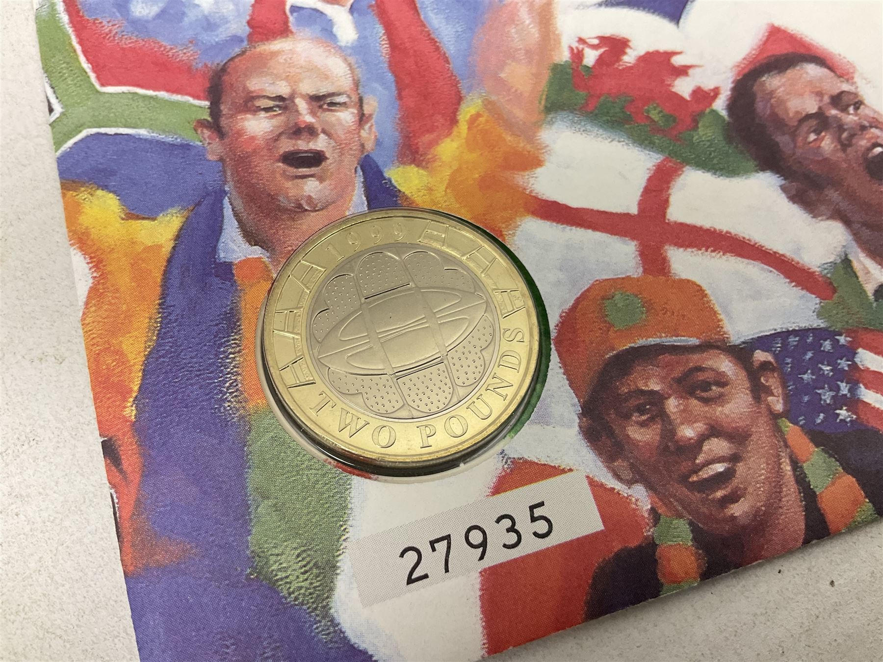 Seven The Royal Mint Royal Mail two pound coin covers, including 1999 'Rugby World Cup', 2003 'DNA Discoveries', 2004 'Classic Locomotives', 2007 '300th Anniversary of the Act of Union' etc