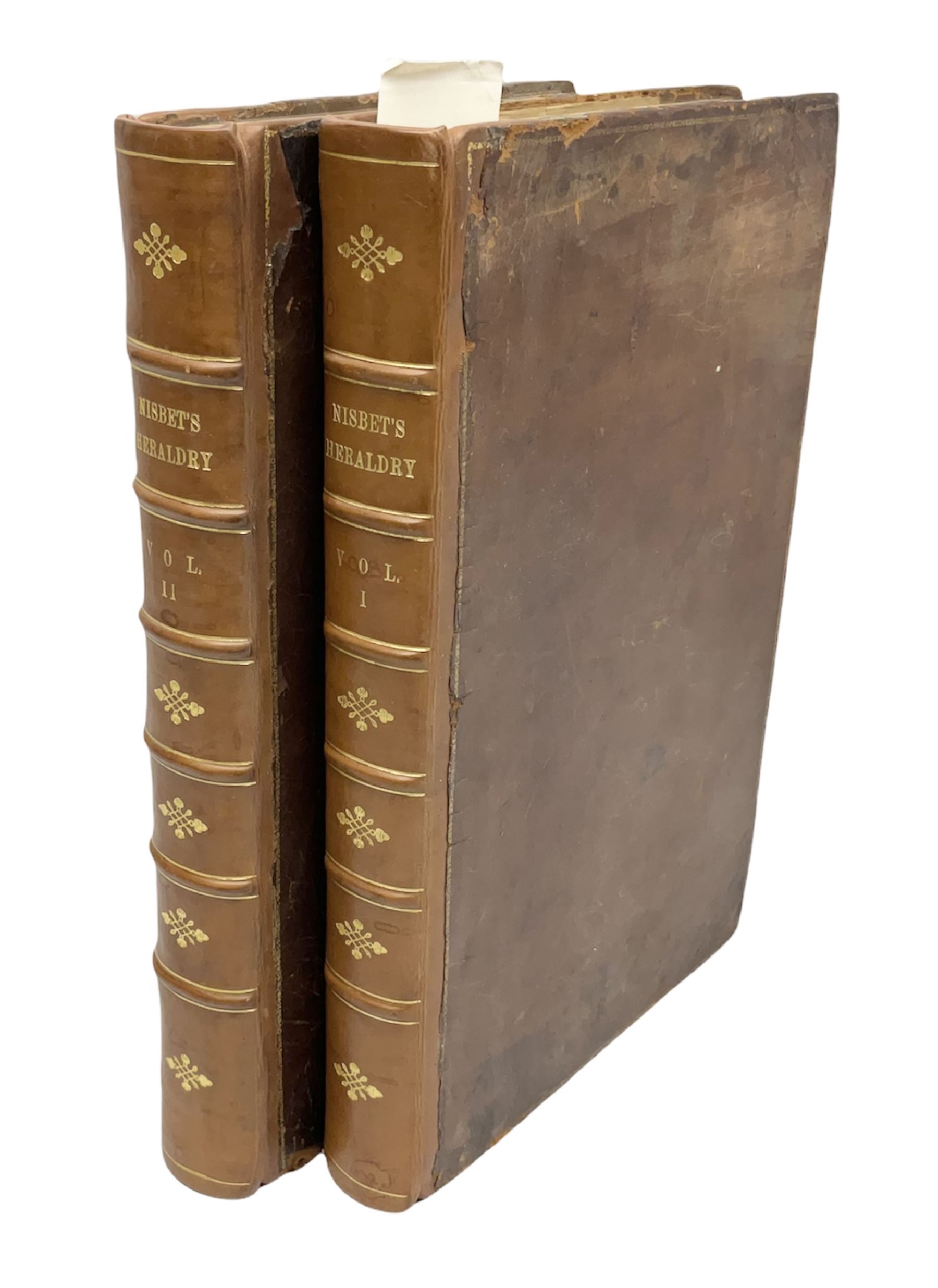 Nisbet Alexander: A System of Heraldry Speculative and Practical with the True Art of Blazon According to the Most approved Heralds in Europe[...], R. Fleming, Edinburgh, 1722, 1742, 2 vols, engraved plates, full calf binding re-backed using original boards 

