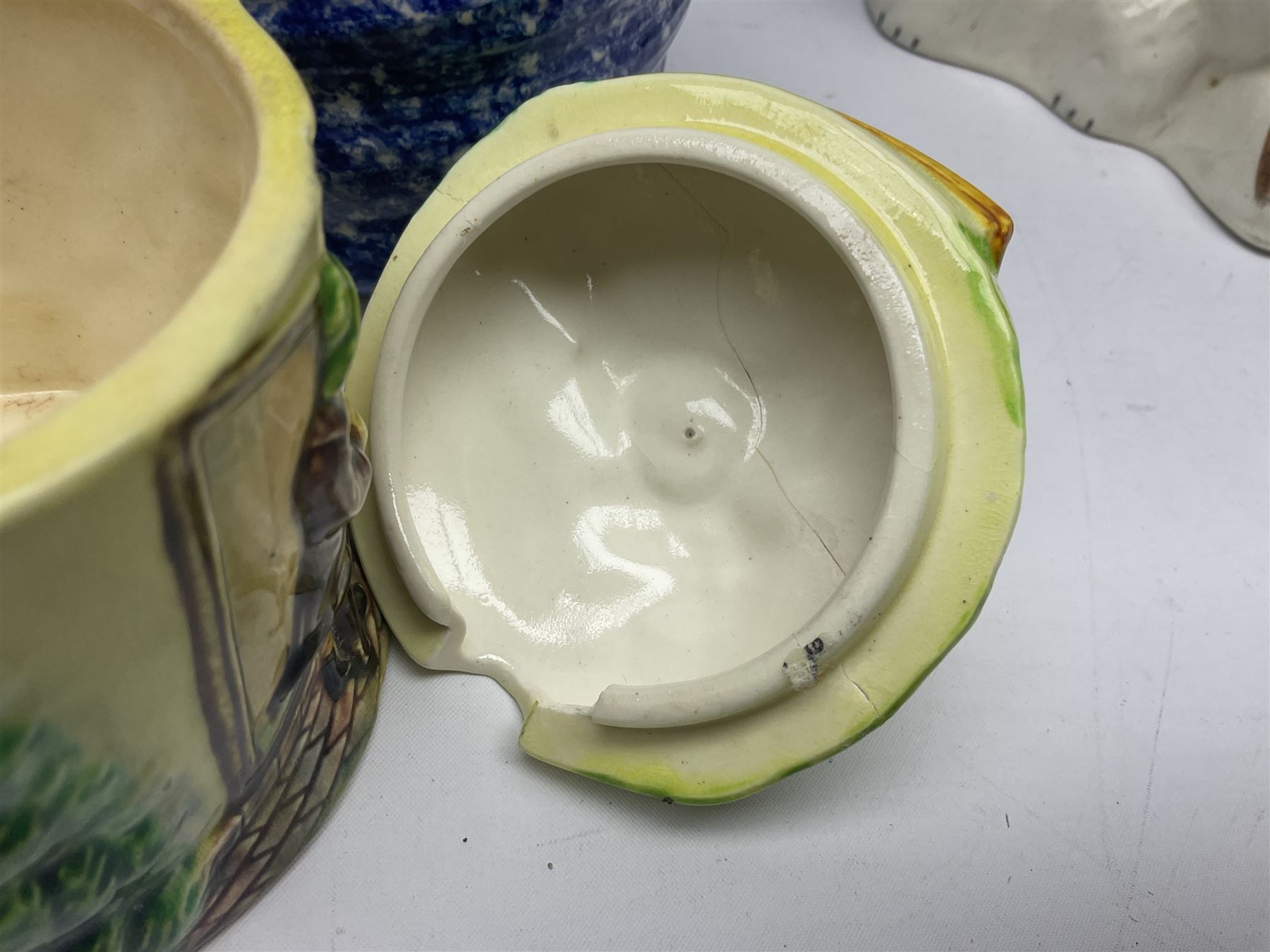 Pair of blue Staffordshire style dogs, together with a smaller brown pair, fish vase, oriental style ginger jar and four preserve jars including a Shelley example