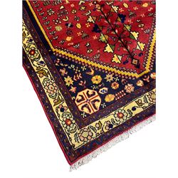 Small Persian Abadeh rug, blue ground with red lozenge field decorated with small bird and plant motifs, triple band border with floral design