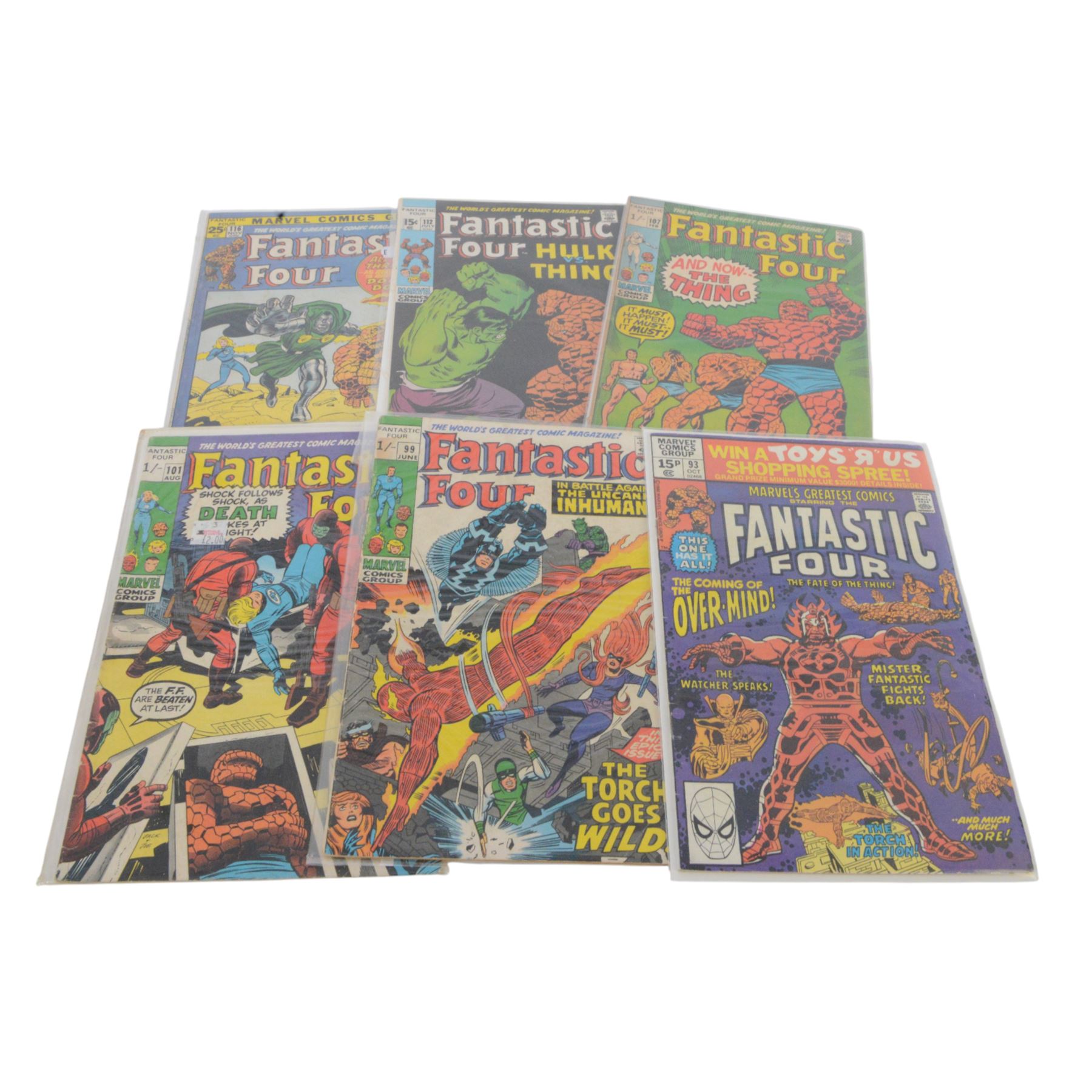 Forty Marvel mostly Bronze Age 'The Fantastic Four' comic books, spanning years 1969-1981, comprising #90, #93, #99, #101, #107, #112 (appears to be a reprint), #116, #118, #125, #126, #127, #128, #129, #130, #131, #132, ##133, #134, ##135, #136, #137, #138, #139, #141, #142, #143, #144, #145, #146, #147, #148, #149, #150,   #151, #152, #153, #154, #166, #181, #233, #236, all bagged, some carded