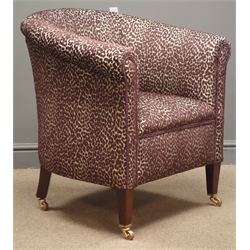  Edwardian tub chair, upholstered in aubergine chenille patterned fabric, mahogany supports  
