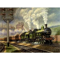 Robert Nixon (British 1955-): The Great Northern Railway Train headed by two Atlantic Class Steam Locomotives leaving Kings Cross, oil on canvas signed 76cm x 101cm (unframed) 