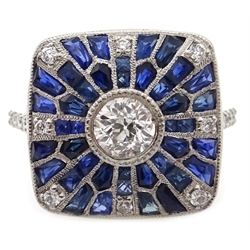  Platinum (tested) sapphire and diamond Art Deco style ring, with diamond set shoulders  