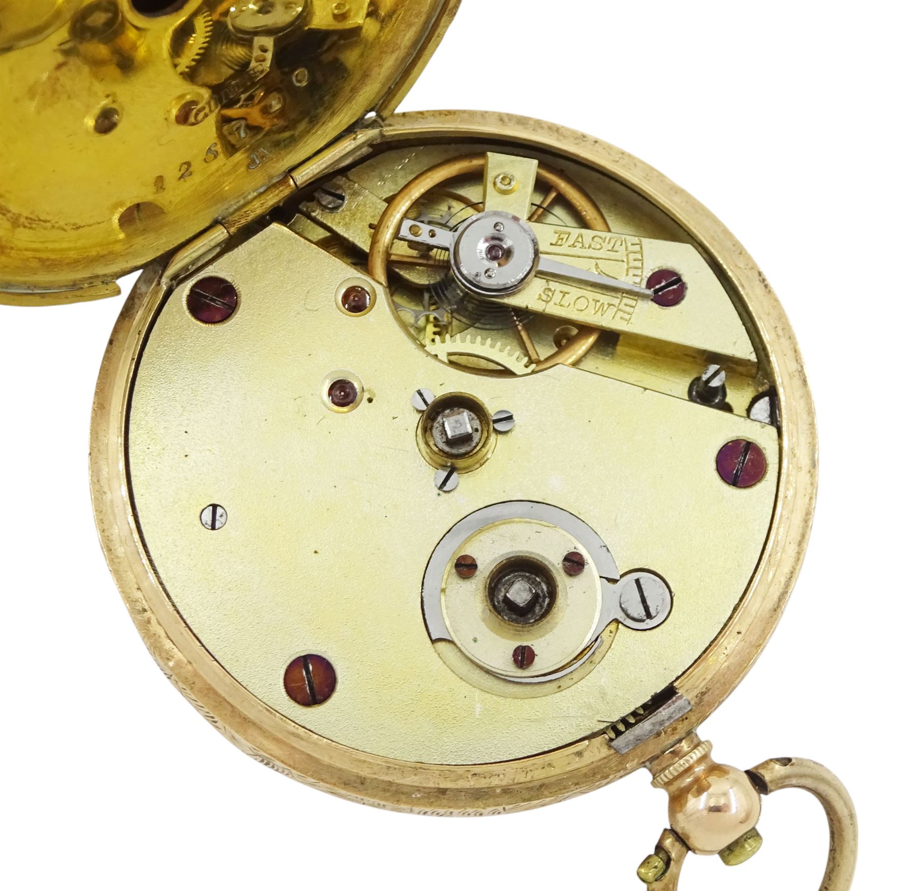 19th century 14ct gold key wound cylinder pocket watch, gilt dial with Roman numerals, stamped 14c