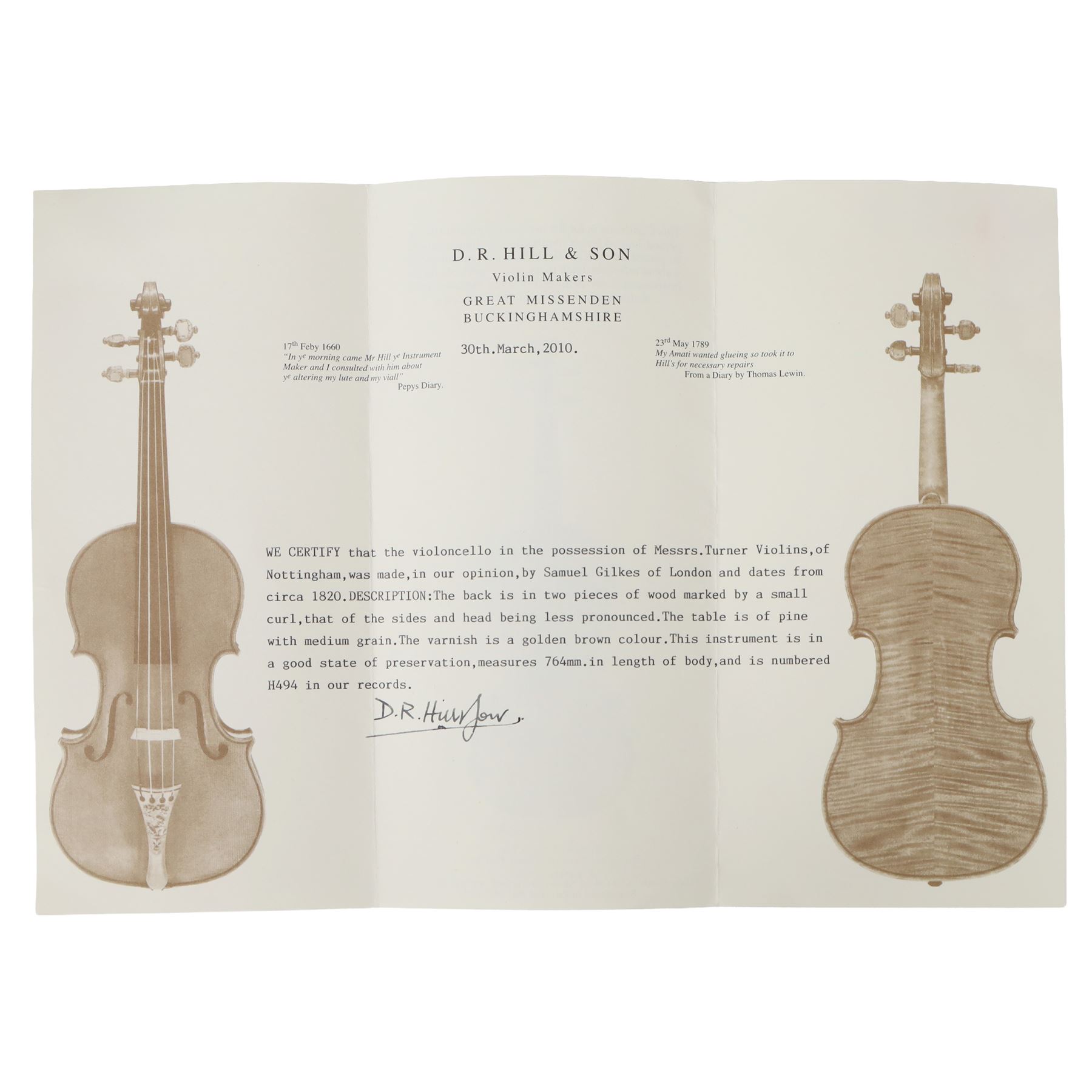 Early 19th century English cello by Samuel Gilkes of London, circa 1820, with two piece back and pine table finished in a golden brown varnish, with a certificate from D.R Hill & Son, Buckinghamshire from 2010, stating that in their opinion the maker is Samuel Gilkes, and is numbered H494 in their records, in Hiscox hard case, with two horse hair cello bows, the first an English example stamped Ferranda Millars Liverpool, the second a German example stamped R. Paesold, both with ebonised mother of pearl/abalone frogs and ivory tip plates
This item has been registered for sale under Section 10 of the APHA Ivory Act