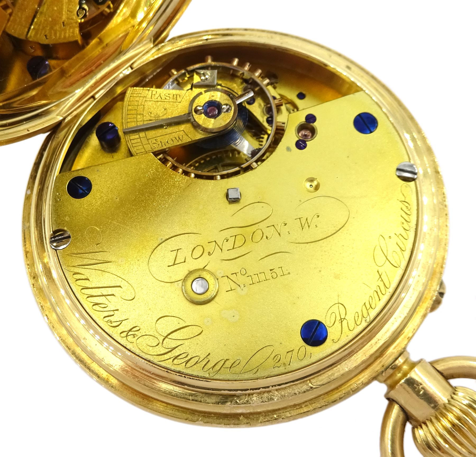 Victorian 18ct gold full hunter keyless lever pocket watch by Walters & George, London, No. 11151, white enamel dial with Roman numerals and subsidiary seconds dial, case by George Henry Hornby, London 1888