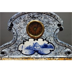  Early 20th century ceramic clock garniture, with enamel marbled effect finish, H23cm  