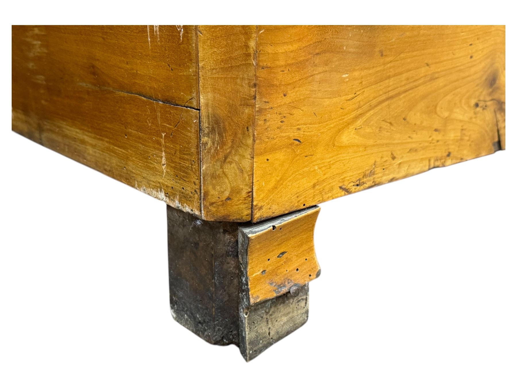 19th century French walnut dresser, the moulded cornice over two-panelled cupboard doors, enclosing two shelves and one small
drawer, on a base of two further cupboards