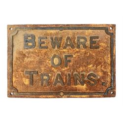 Large cast iron sign 'Beware of Trains', H38cm, L56cm