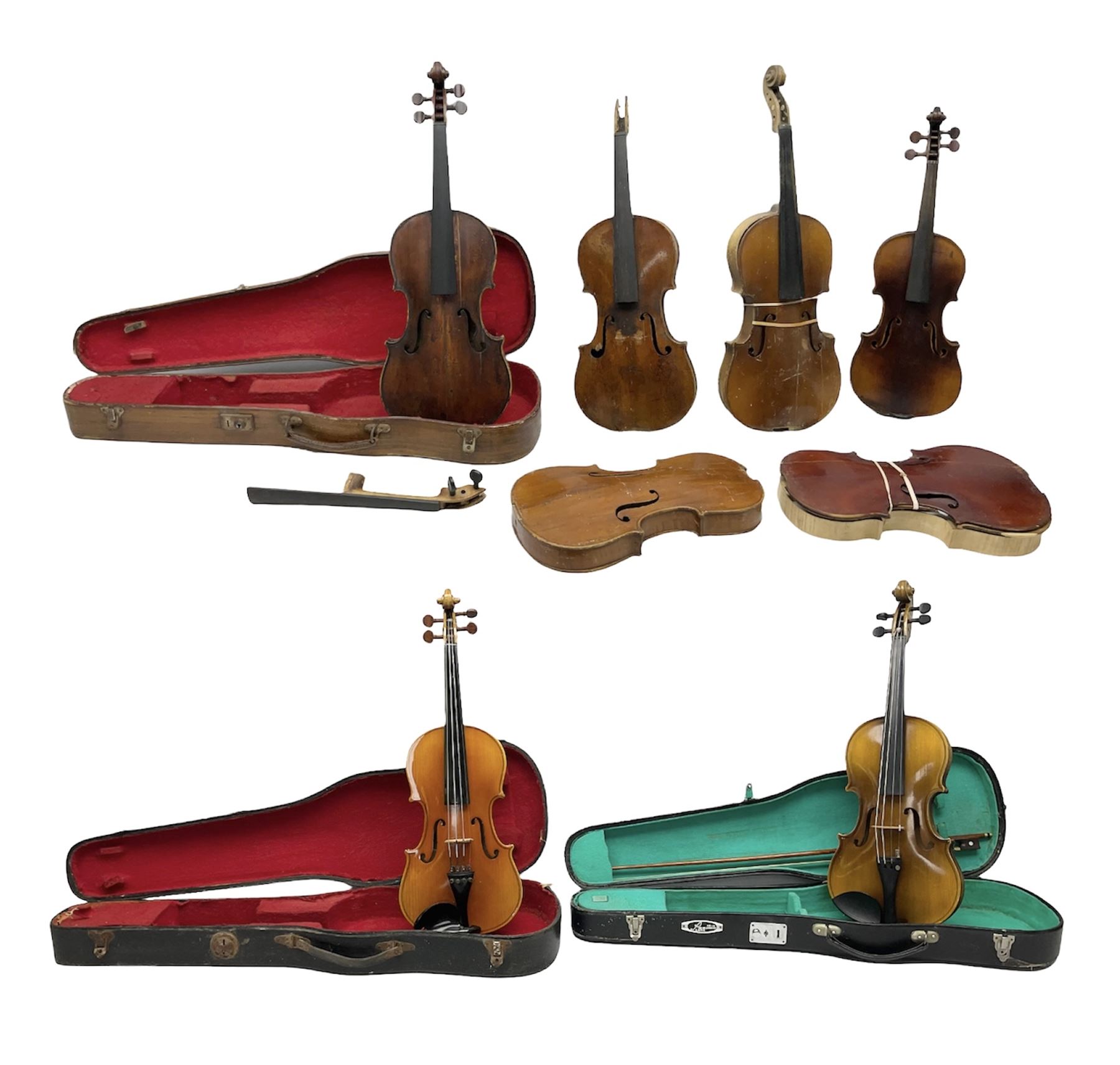 French violin for restoration with 36cm two-piece maple back and ribs and spruce top, bears label 'Lutherie Artistique M. Couturieux'; in wooden case; two modern three-quarter size violins in cases; and five violins for spares or repair