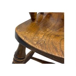 19th century elm and beech smoker's bow armchair, shaped arms over turned spindle gallery and dished seat, on turned supports united by double H-shaped swell turned stretchers 