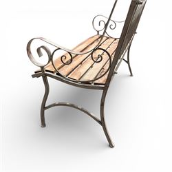 Antique grey painted metal garden bench with wood slatted seat