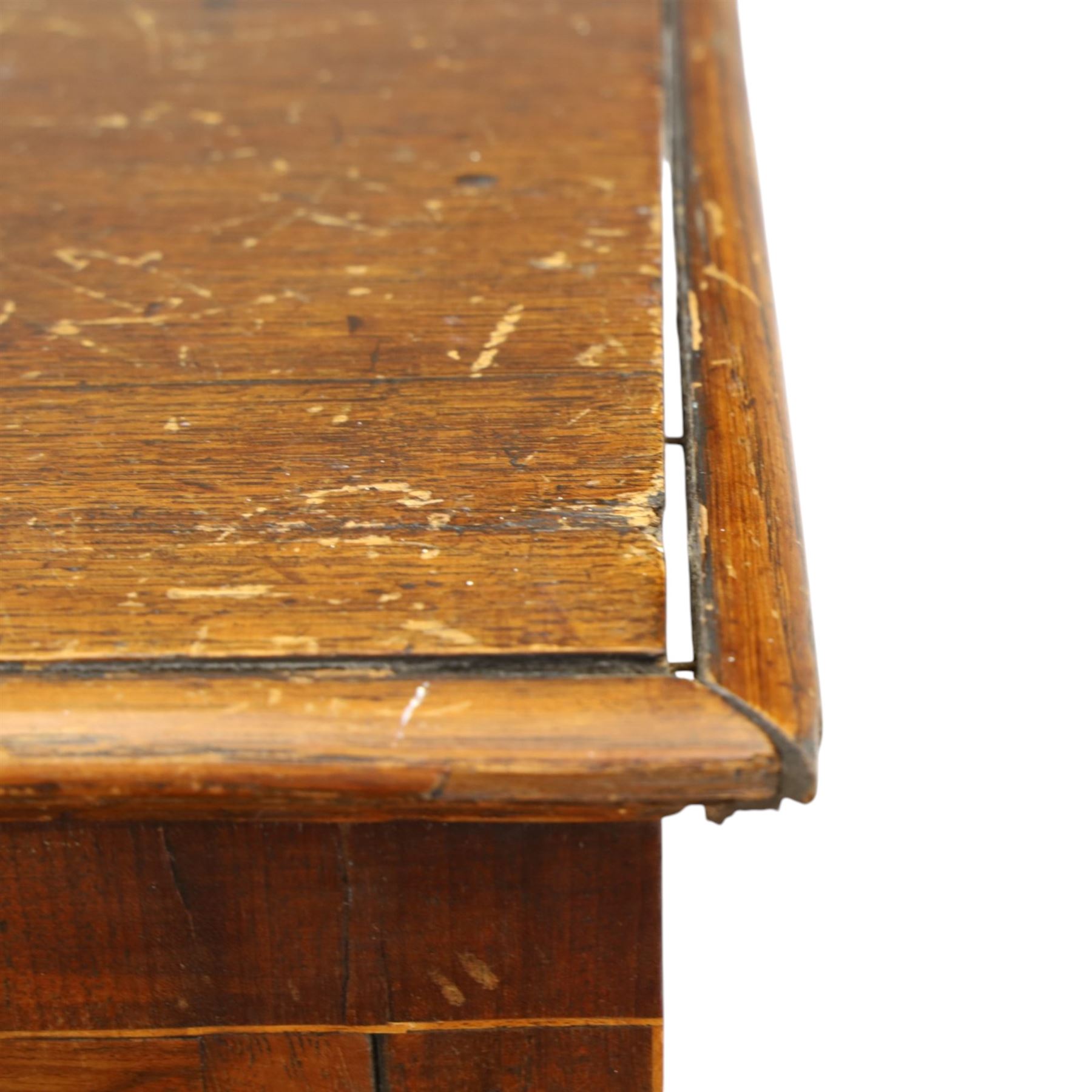 18th century oak chest, fitted with two short and three long graduating drawers, bone escutcheons and brass swan neck handles, bracket feet