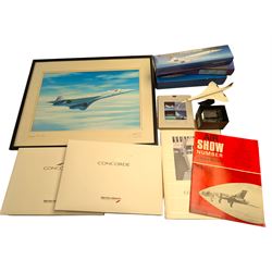 Collection of Concorde memorabilia, including paperweight, limited edition print, calendars, scale model, etc 