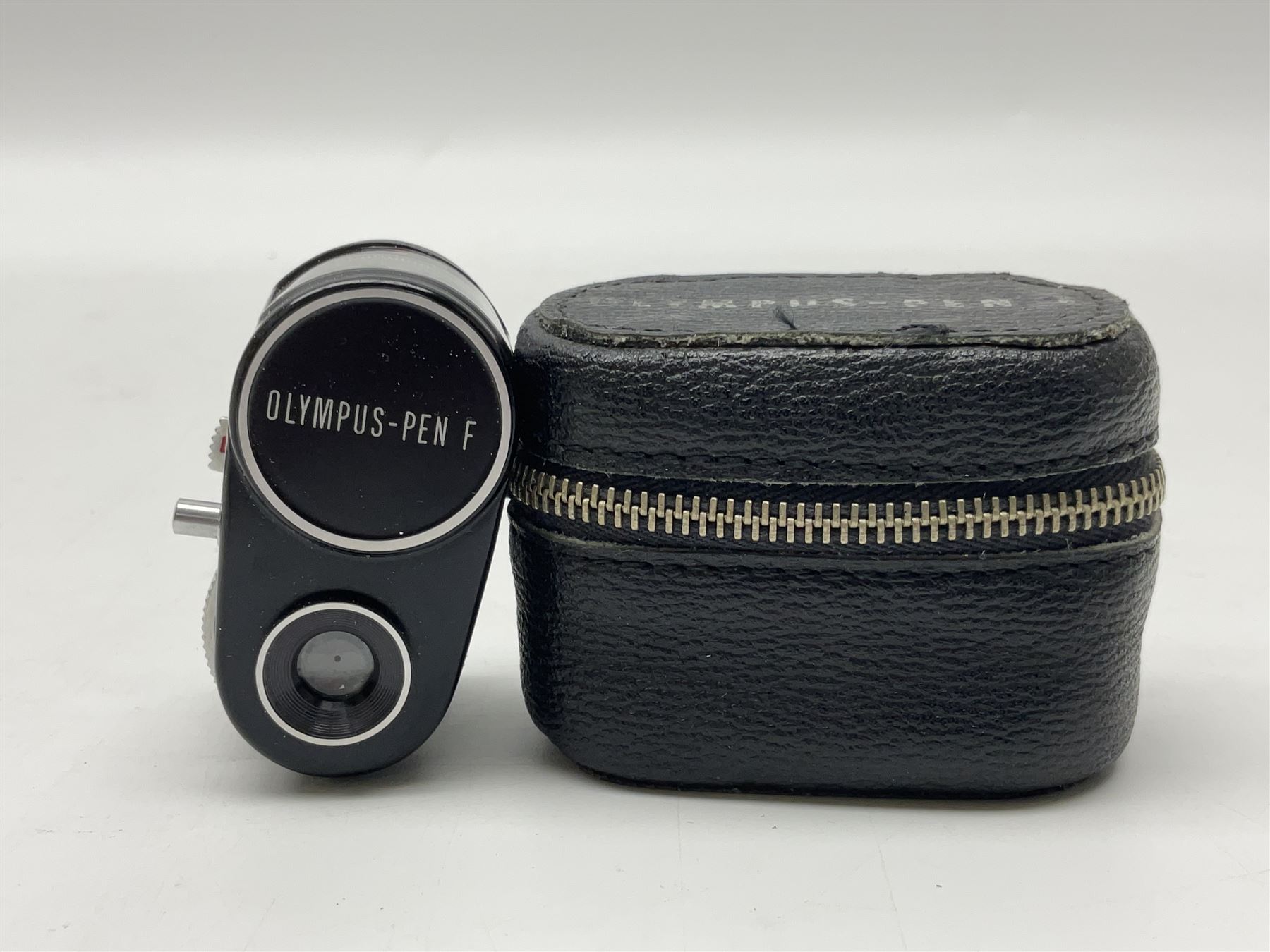 Olympus Pen FV camera body, serial no. 120981, with 'Olympus F.Zuiko Auto-S 1:1.8 f=38mm' lens, serial no. 251523, 'Olympus Zuiko Auto-zoom1:3.5 f=50-90mm, serial no. 135752 and clip on shoe