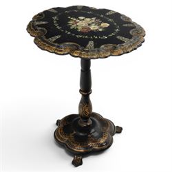 Victorian papier mache table, tilt top with painted decoration and mother of pearl inlay, ...