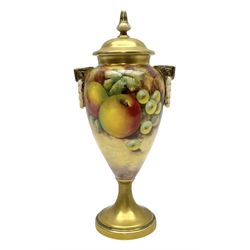 Mid/late 20th century Royal Worcester vase and cover decorated by John Smith, of slender ovoid form with twin key and husk handles, and gilt cover, upon a gilt circular pedestal foot, the body hand painted with a still life of fruit upon a mossy ground, signed J Smith, with black printed mark beneath and painted shape number 2713, H20.5cm