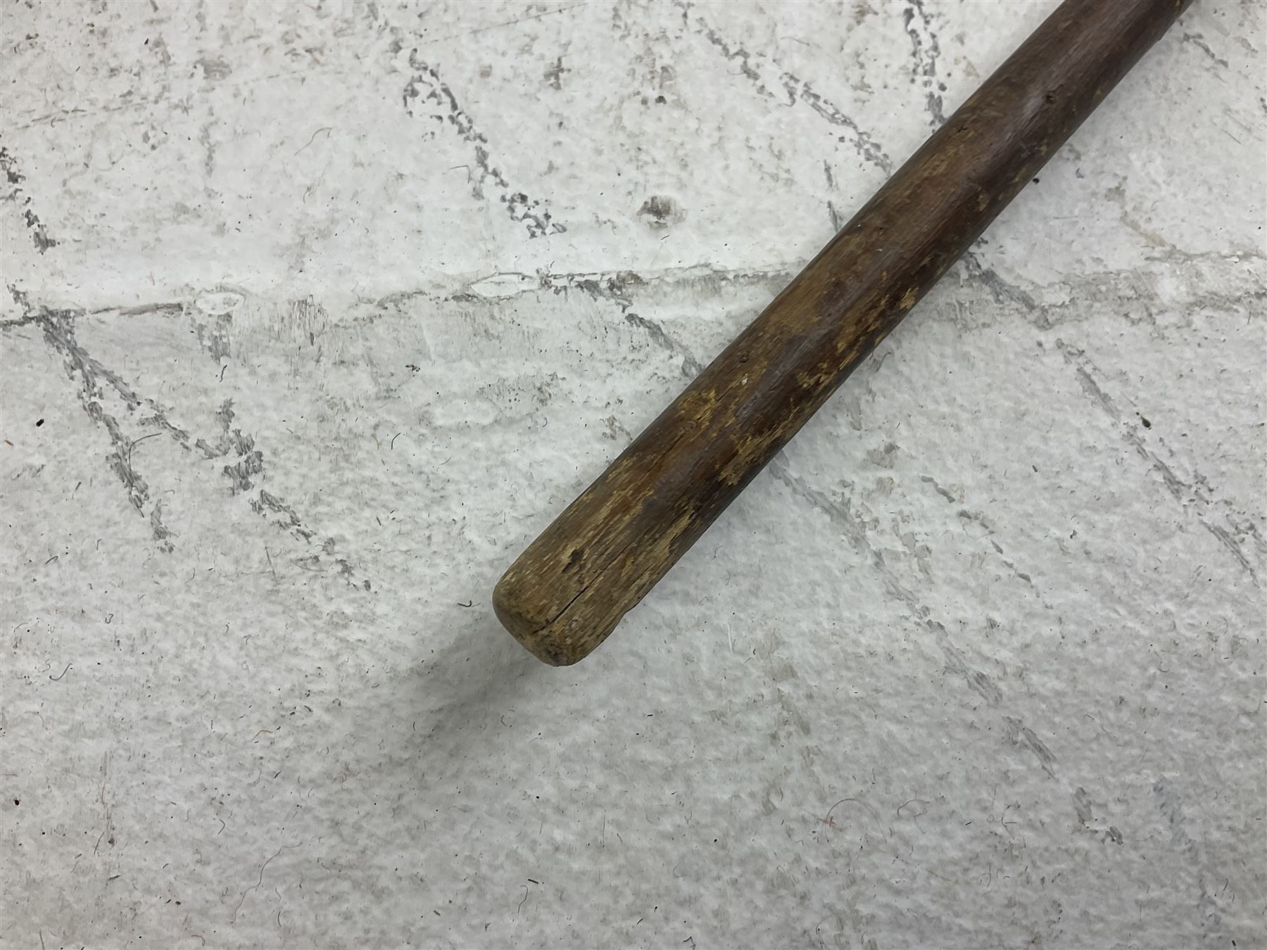 Native long-shafted spear, the large iron head with central medial ridge and decorative neck, on plain circular haft L260cm; and another similar Native long-shafted spear with cane haft L249cm (2)