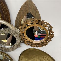 Collection of mirrors, to include two wooden arched window examples, carved wooden example etc, together with a brass tray, largest example H60cm