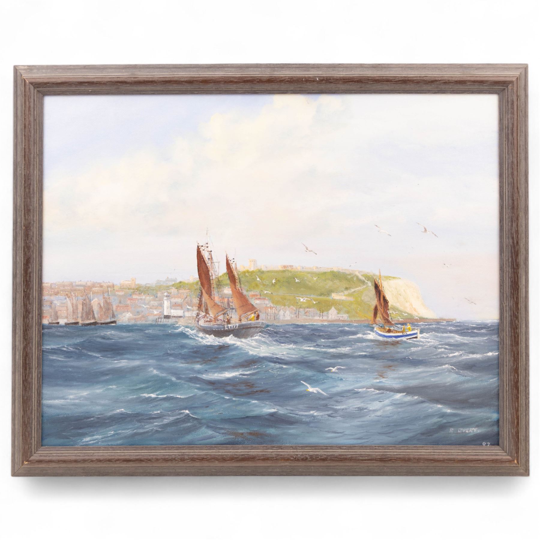 Robert Overy (British 1928-2018): Boats off Scarborough, two oils on canvas board signed and dated '92, larger 39cm x 49cm (2)