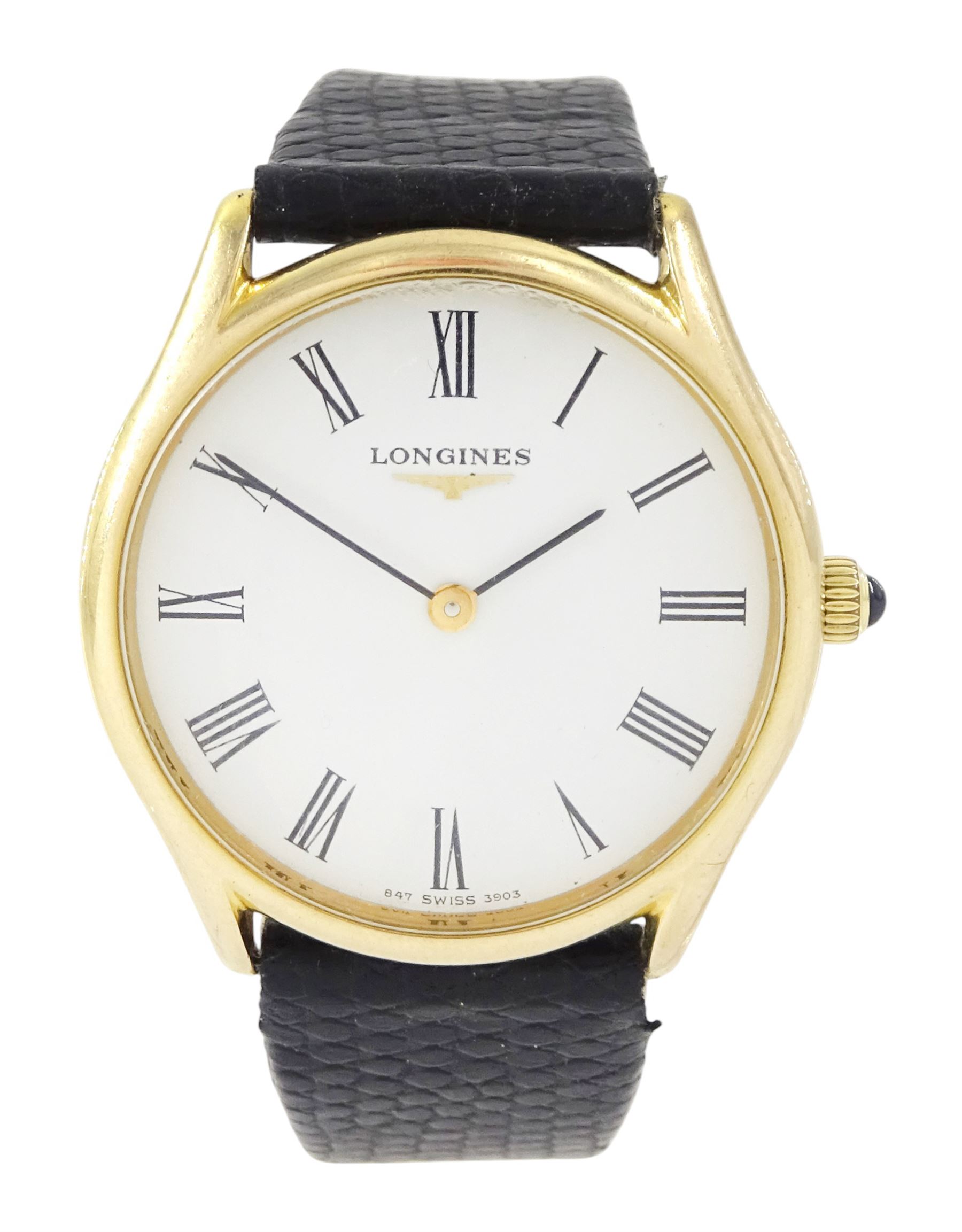 Longines gentleman's 9ct gold manual wind wristwatch, Cal. L847.4, white dial with Roman hour markers, on black leather strap with gilt buckle, boxed with guarantee dated 1980