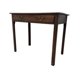 Early 20th century oak side table, rectangular top with rounded edges over single frieze drawer with brass pull handles, raised on square supports