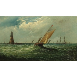  English School (19th century): Fishing Boat rounding the Lighthouse, oil on canvas indistinctly signed 29cm x 50cm  
