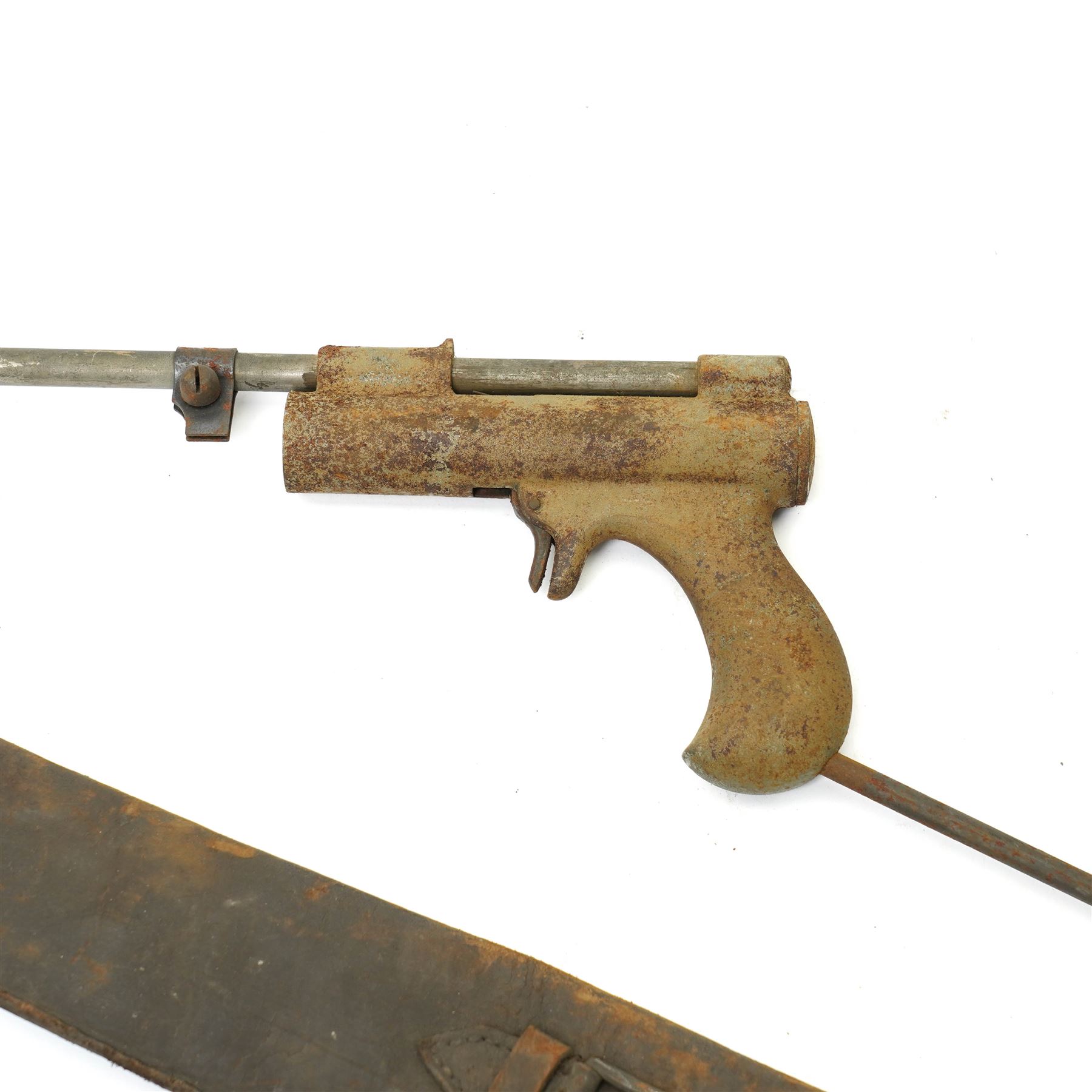 19th century Brown Bess socket bayonet with leather scabbard, another without scabbard, early air pistol etc 
Provenance: property of a Nobleman